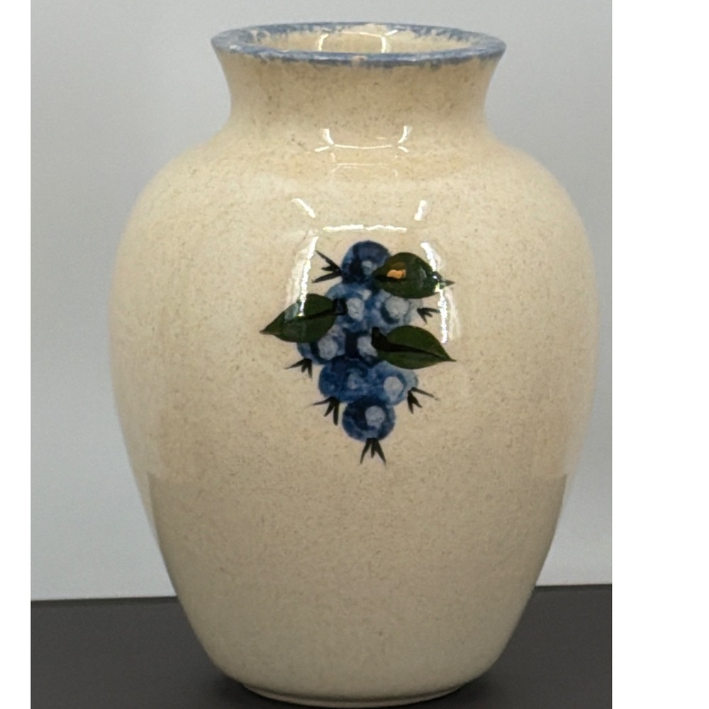Vintage Hand Painted Blueberry Stoneware Pottery Vase Blue Sponged Rim 6 Inch